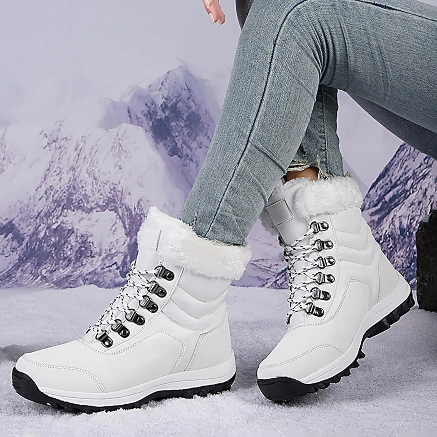 Snow Boots Women Winter Warm Fur Lined Snow Boots Cuffed Fur Collar Anti-Slip Mid Calf Boots Outdoor Insulated Waterproof Hiking Ankle Boots for Work Walking Hiking Outdoor