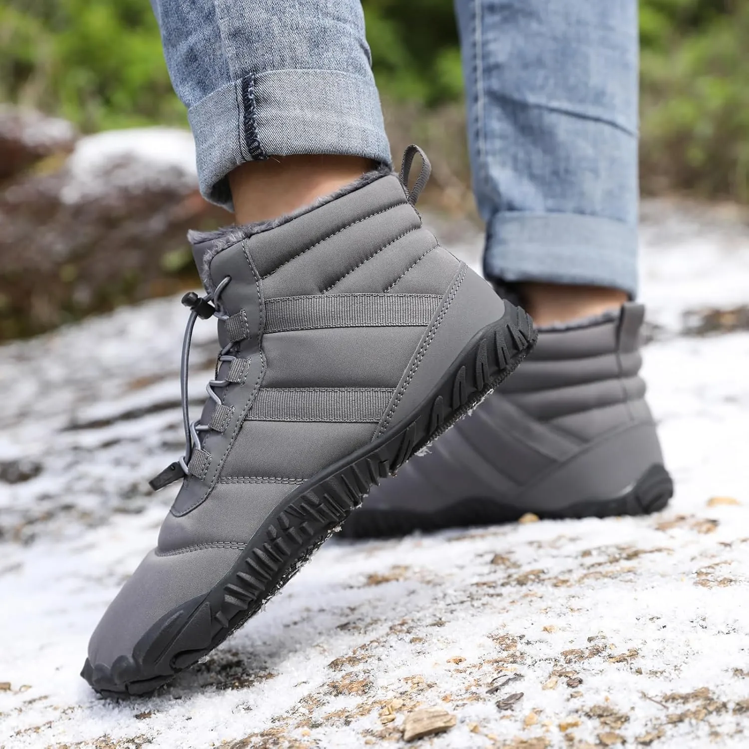 uSecee Winter Barefoot Shoes Women Men Barefoot Minimalist Shoes Slip On Zero Drop Snow Boots Waterproof Warm Fur Lined Winter Hiking Boot Wide Toe Box Ankle Booties Outdoor Walking Sneakers