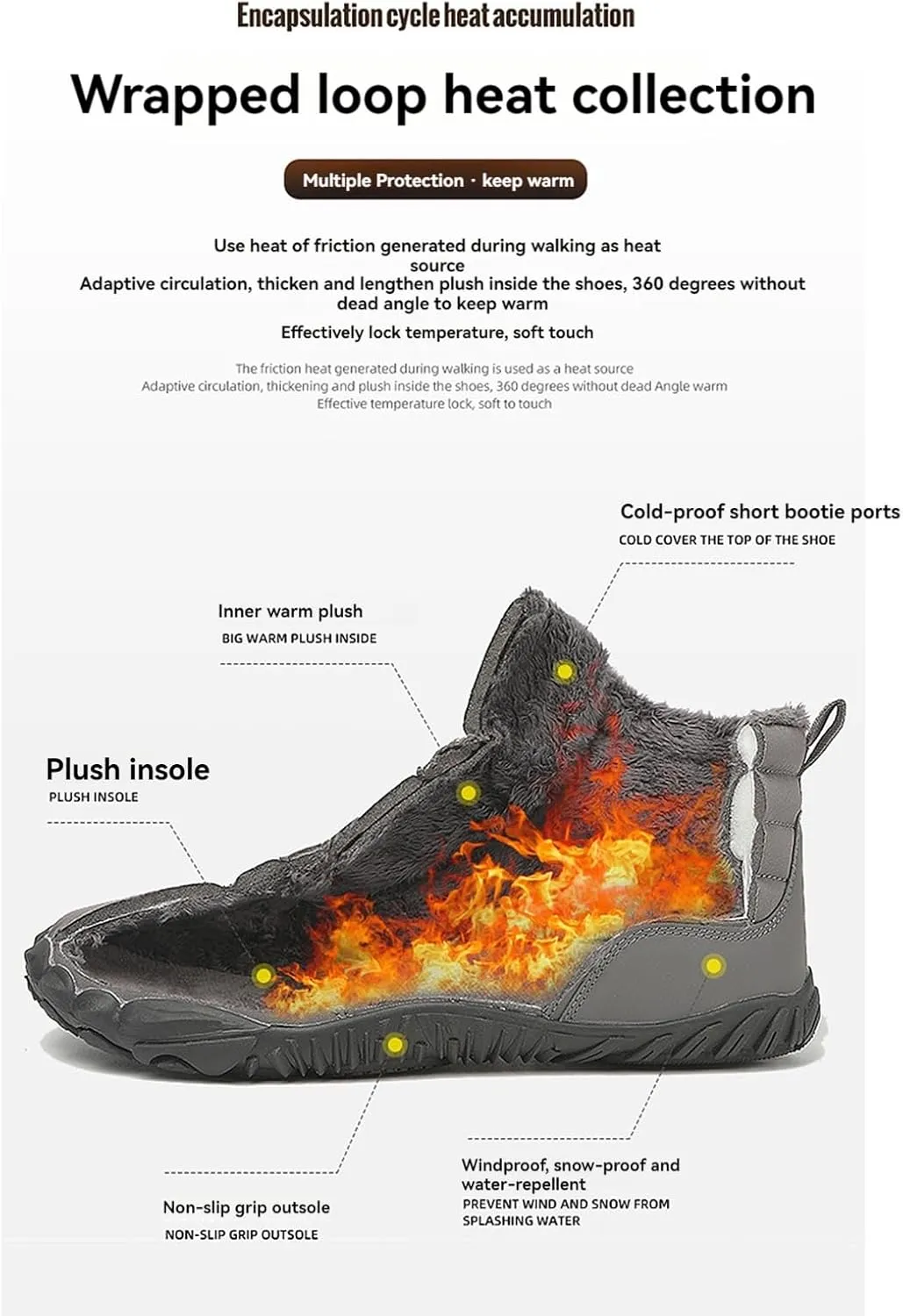 uSecee Winter Barefoot Shoes Women Men Barefoot Minimalist Shoes Slip On Zero Drop Snow Boots Waterproof Warm Fur Lined Winter Hiking Boot Wide Toe Box Ankle Booties Outdoor Walking Sneakers