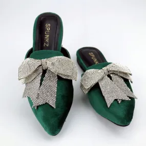 Velvet Loafers Mules Rhinestone Bow Fancy Cut Shoes