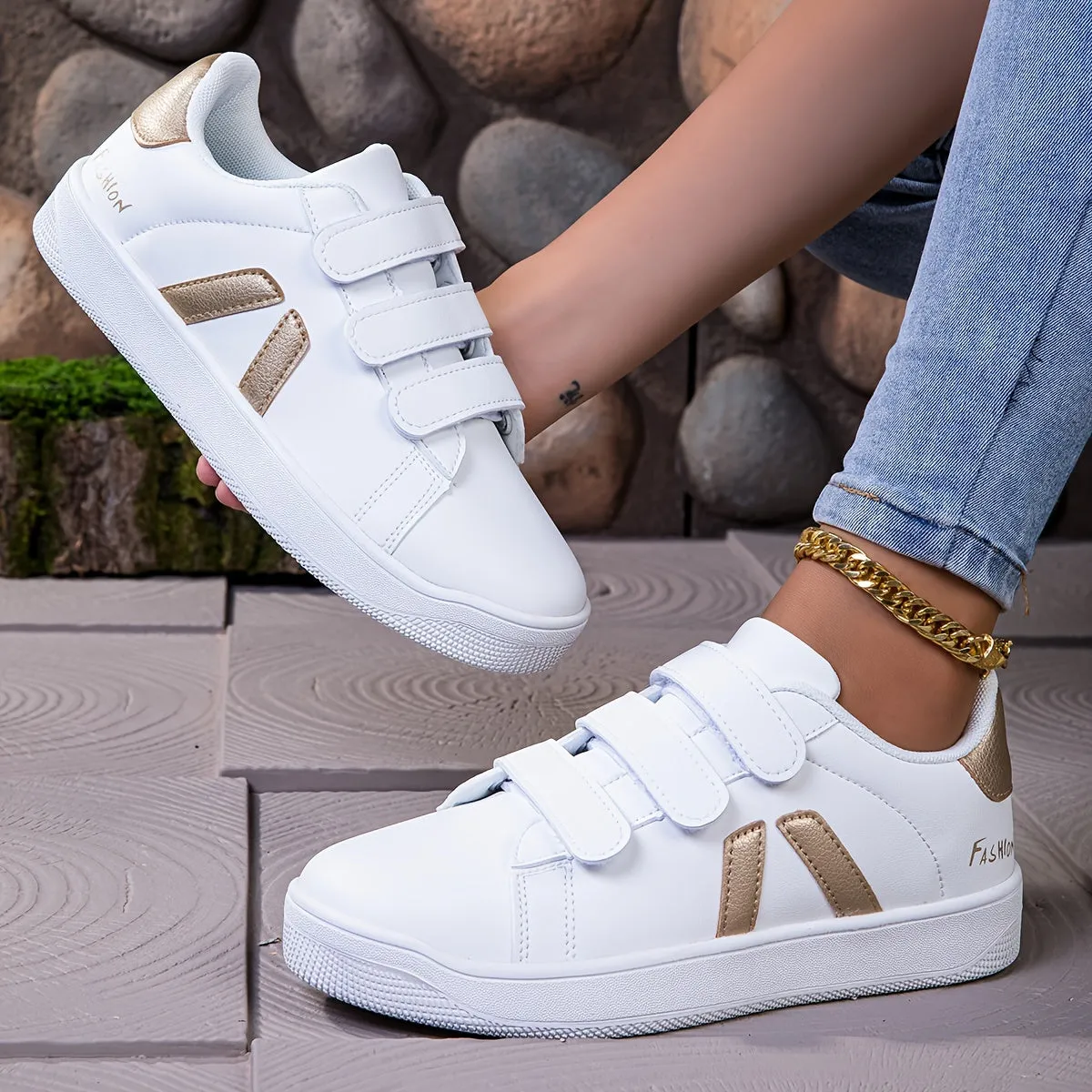 Women's Casual Sneakers - Versatile Slip-On Flats with Hook-and-loop Fastener Closure, Waterproof Faux Cover, Breathable Mesh Lining for All Seasons