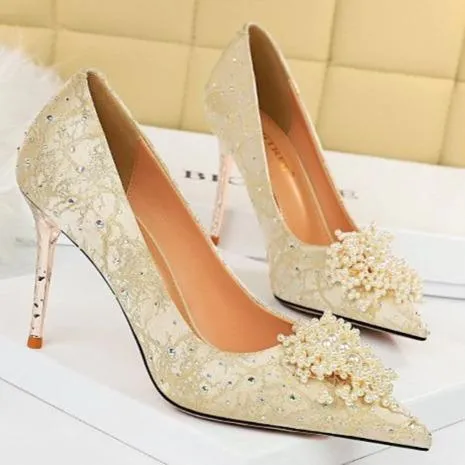 Women's pearls flower elegant dress heels for wedding party