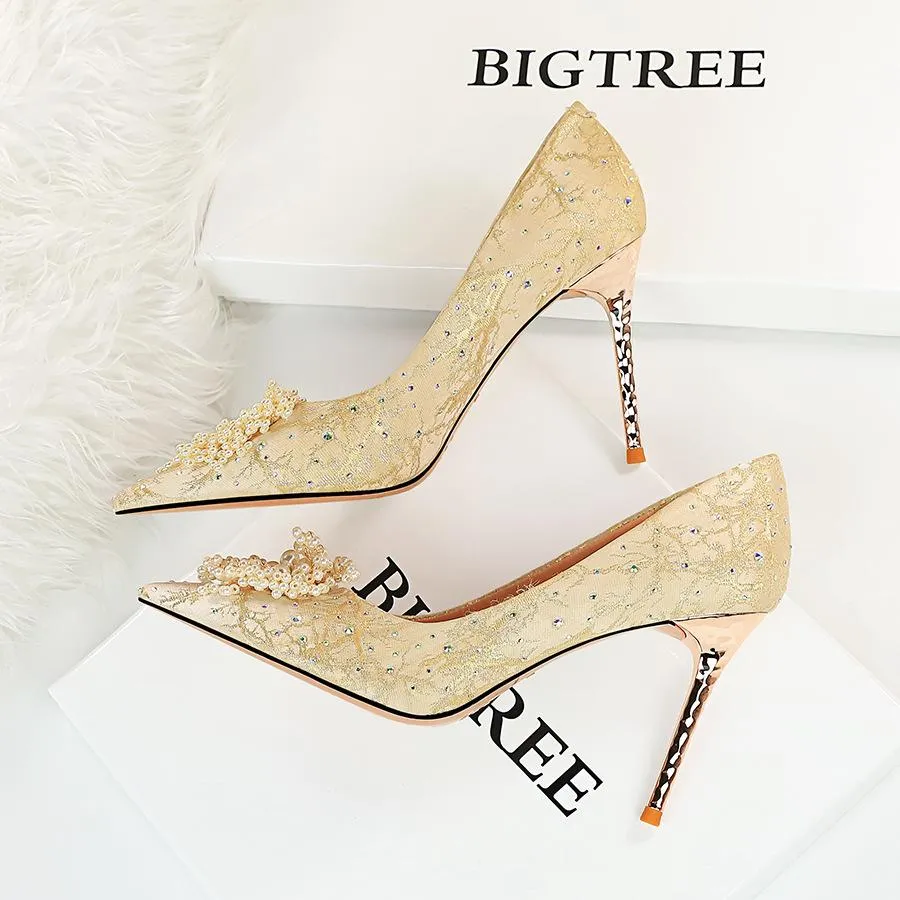 Women's pearls flower elegant dress heels for wedding party