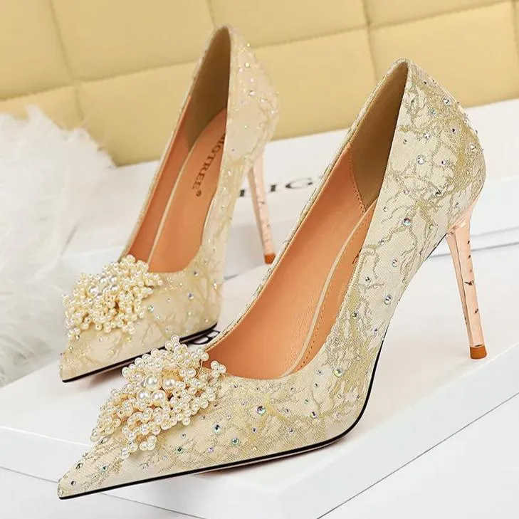 Women's pearls flower elegant dress heels for wedding party