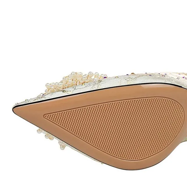 Women's pearls flower elegant dress heels for wedding party