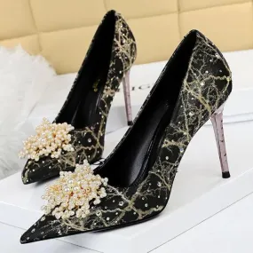 Women's pearls flower elegant dress heels for wedding party