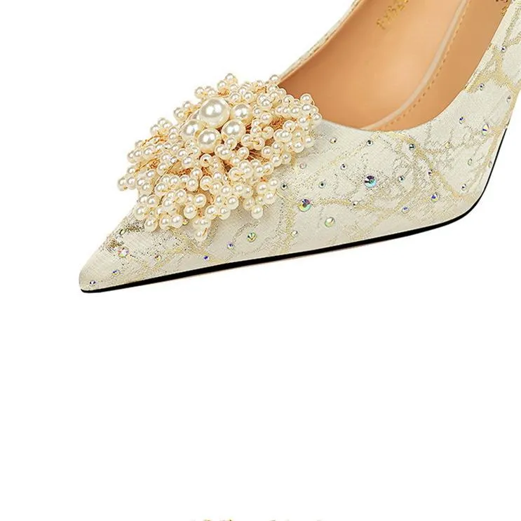 Women's pearls flower elegant dress heels for wedding party