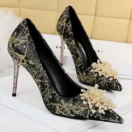 Women's pearls flower elegant dress heels for wedding party
