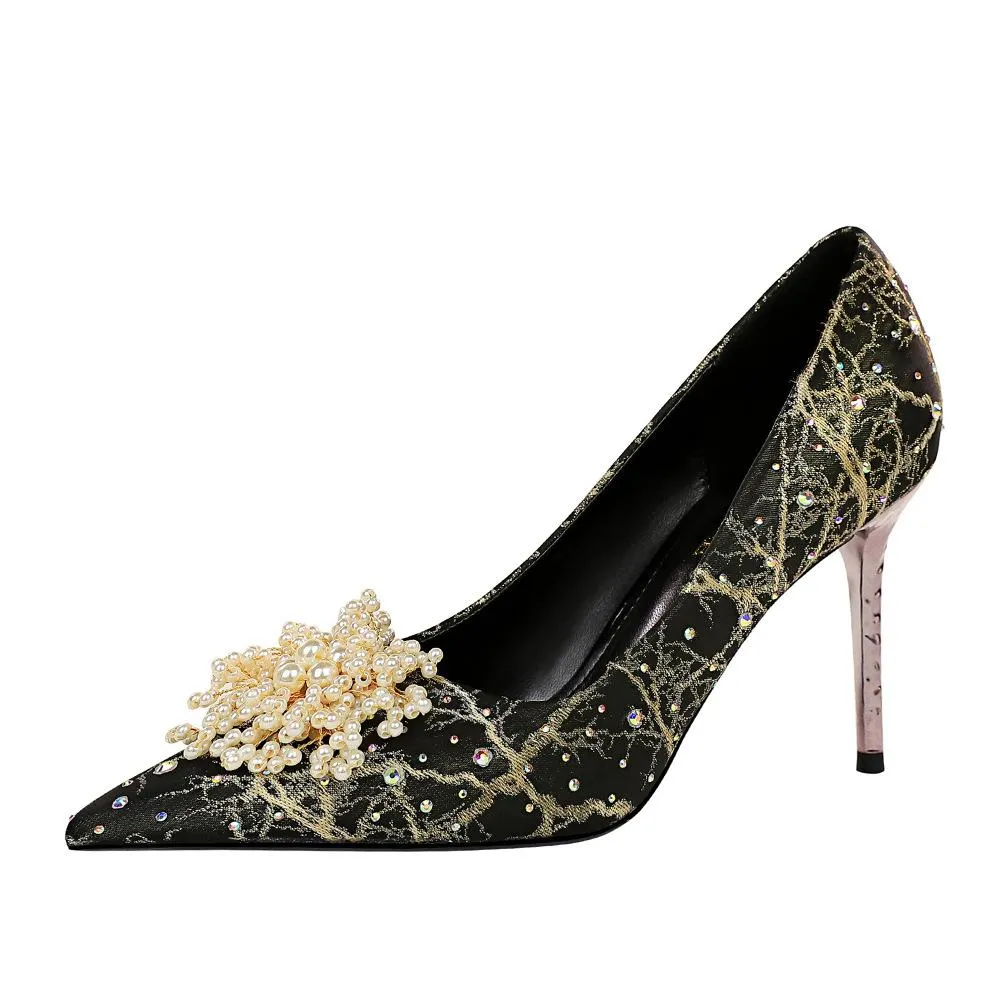 Women's pearls flower elegant dress heels for wedding party