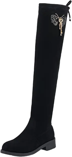Womens Rhinestone Stretch Solid Color Round Toe Zipper Fashion Middle Heel Chunky Heel Over The Knee Boots Glitter Knee Boots (Black, 8)