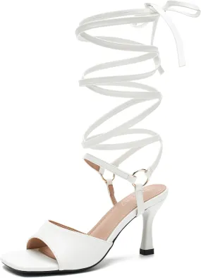 Women's Strappy Lace Up Heels Low Kitten Open Square Toe Ankle Strap Heels Sexy Fashion Comfort Dress Shoes Party Pumps Heeled Sandals
