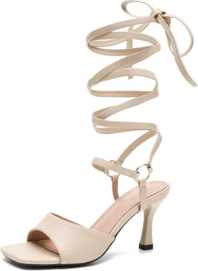Women's Strappy Lace Up Heels Low Kitten Open Square Toe Ankle Strap Heels Sexy Fashion Comfort Dress Shoes Party Pumps Heeled Sandals