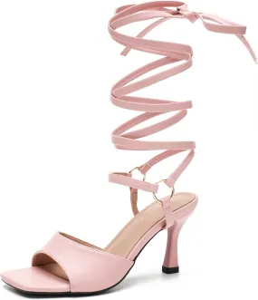 Women's Strappy Lace Up Heels Low Kitten Open Square Toe Ankle Strap Heels Sexy Fashion Comfort Dress Shoes Party Pumps Heeled Sandals