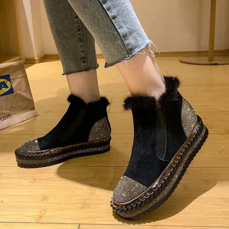 Women's Winter Snow Boots - Plus Size Fashion Platform Ankle Boots with Velvet Lining, Warm Chelsea Style Shoes