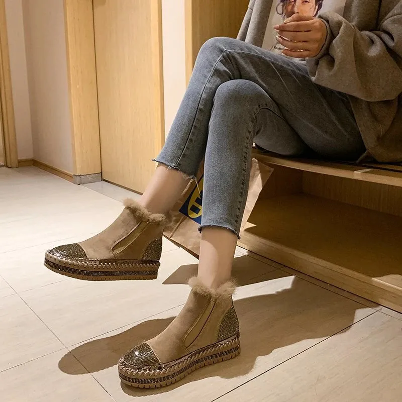 Women's Winter Snow Boots - Plus Size Fashion Platform Ankle Boots with Velvet Lining, Warm Chelsea Style Shoes